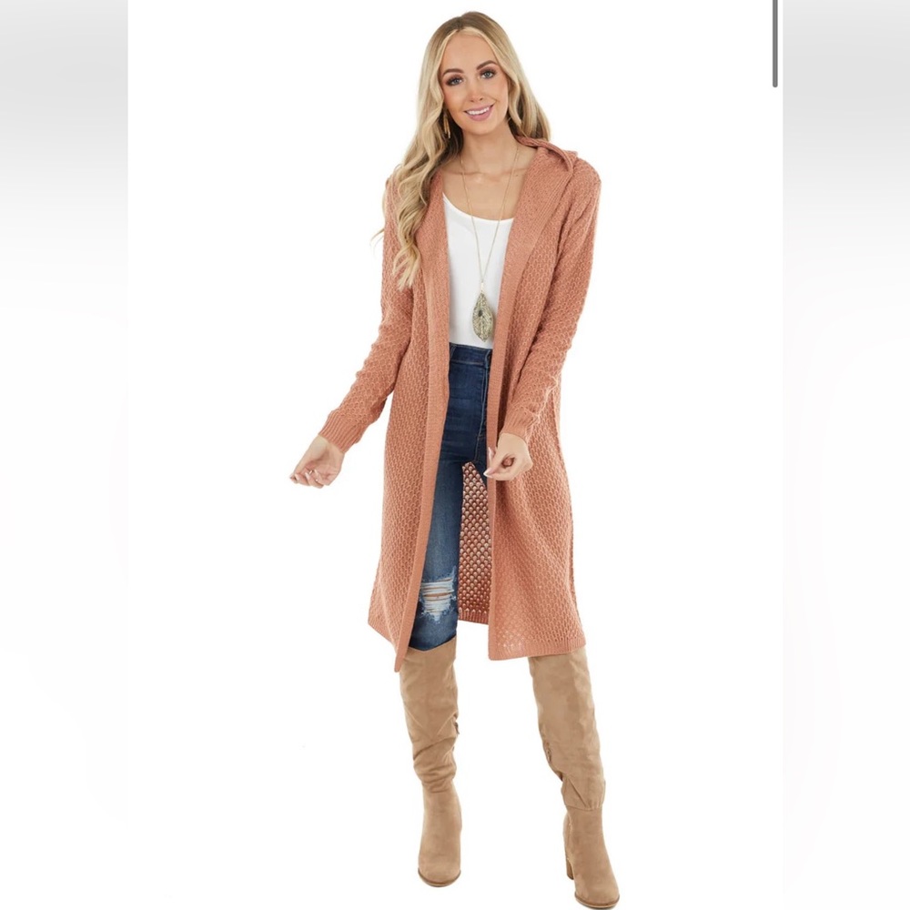 NWOT Cozy Casual Coral Textured Loose Knit Hooded Duster Cardigan